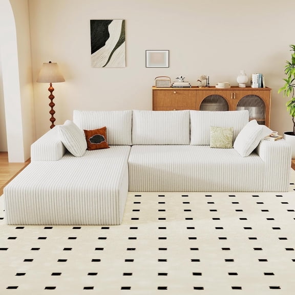 Cloud Couch Sectional, 96" L-Shaped Sofa, No Assembly Corduroy Couch with Chaise for Living Room,White