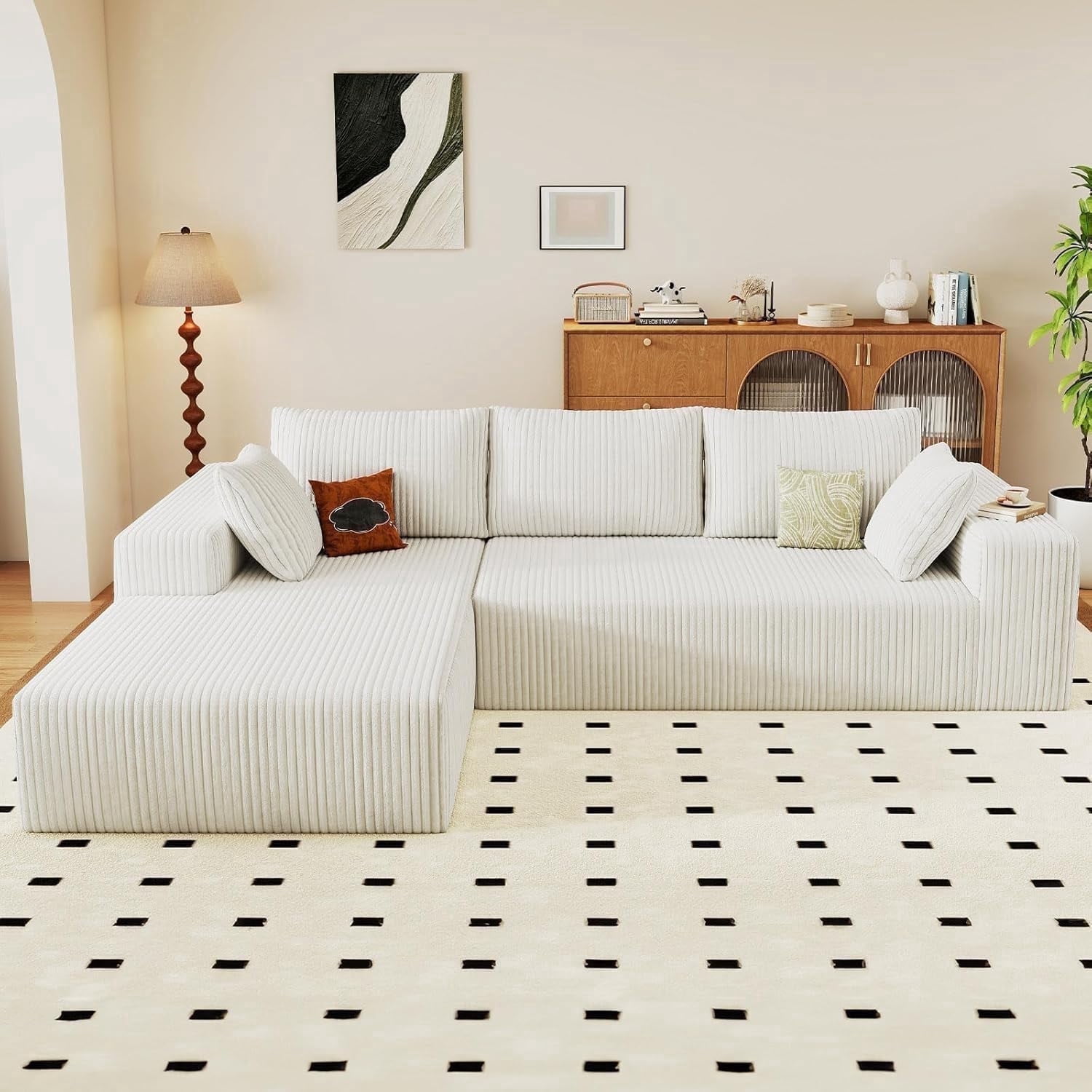 Cloud Couch Sectional, 96" L-Shaped Sofa, No Assembly Corduroy Couch with Chaise for Living Room,White