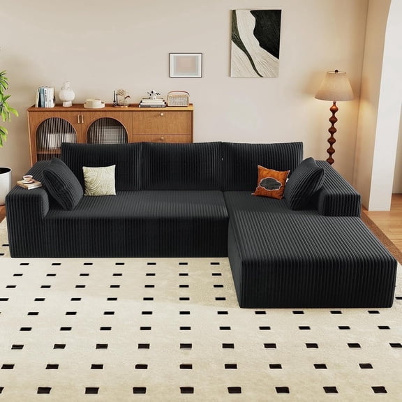 Cloud Couch Sectional, 96" L-Shaped Sofa, No Assembly Corduroy Couch with Chaise for Living Room,Black