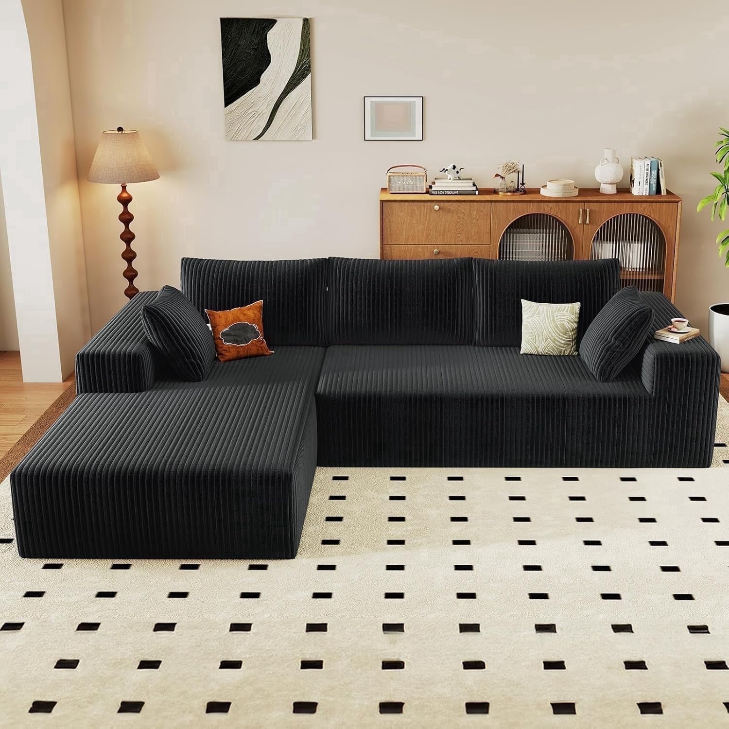 ODUWA 96" L-Shaped Sectional Sofa with Chaise, Corduroy Upholstery, No Assembly, Black