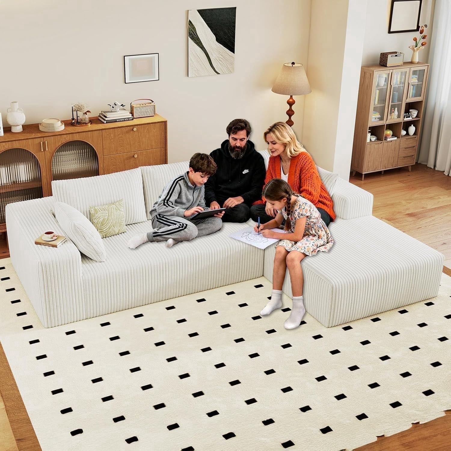 96-inch Modern Cloud Couch, L-Shaped Corduroy Sectional Sofa with Chaise, No Assembly Required, Deep Seating Modular Sofa for Living Room,White