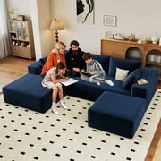 LUCKHAO 96" U-Shaped Sectional Sofa with Ottoman, Modern Cloud Couch Deep Seating Corduroy, No Assembly, Blue