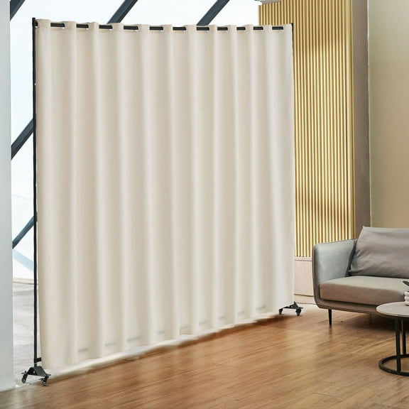 96"W x 120"H Portable Room Divider Stand with Wheels, Beige Folding Privacy Screen with Curtain for Office, Bedroom, Dining Room, Study
