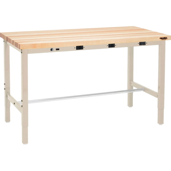 96"W x 30"D Adjustable Height Workbench, Power Apron, 1-1/4" Thick Maple Top Square Edge, Tan