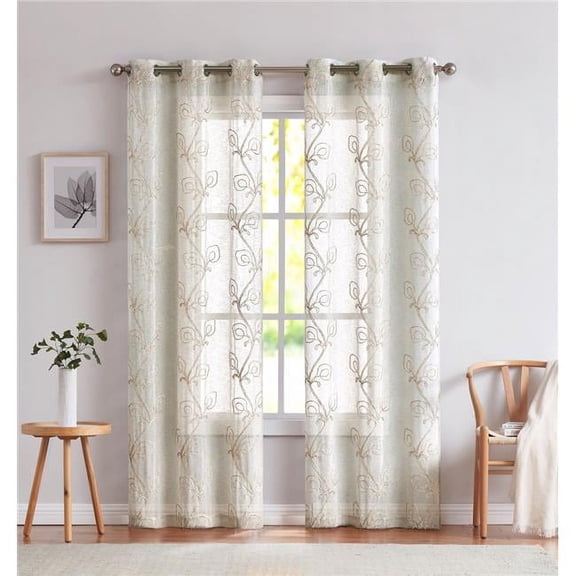 96 in. Beige Boho Embroidered Window Panels, Linen - Set of 2