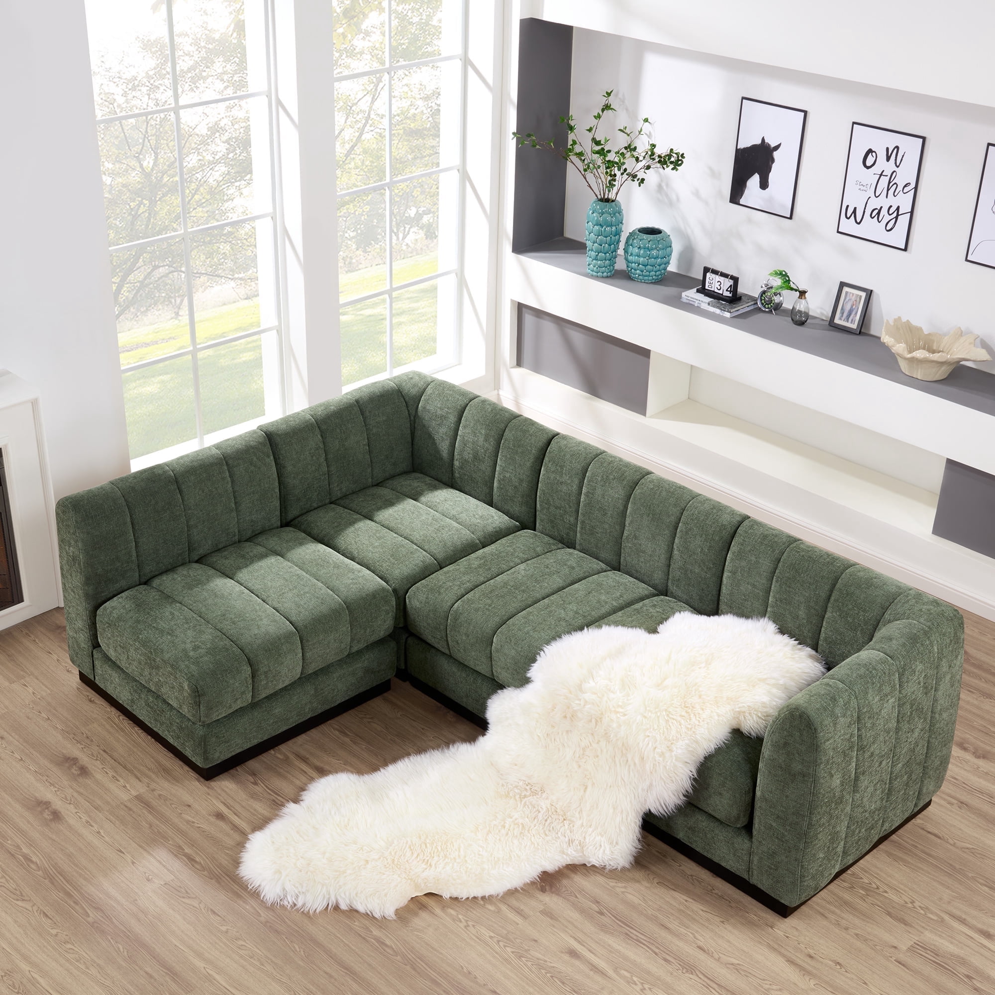 96 in. Chenille Green Sectional Couch, 4 Seater L Shape Modular Sofa ...