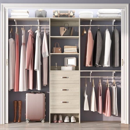 96 inch Closet System with 3 Wooden Drawers, Closet Organizer System with Storage Shelves Cutable, Wall-mounted Closet System with 3 Adjustable Hanging Rods for Walk-in Closet, White Oak