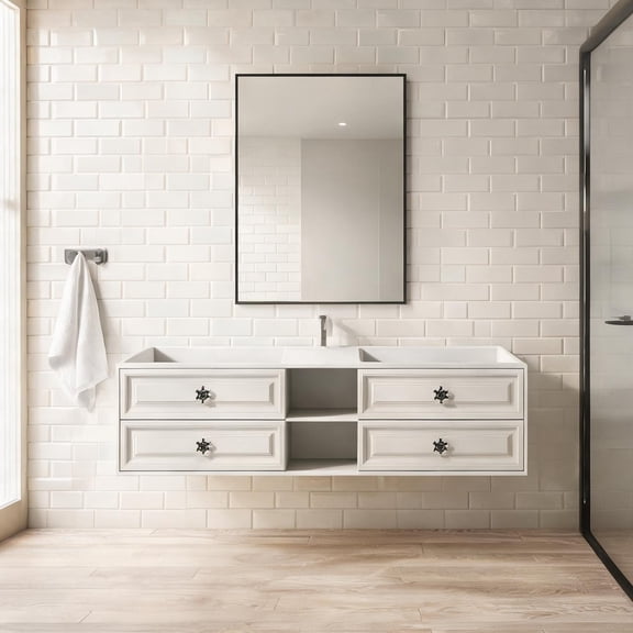 96-inch warm beige wall-mounted double vanity cabinet for modern bathrooms