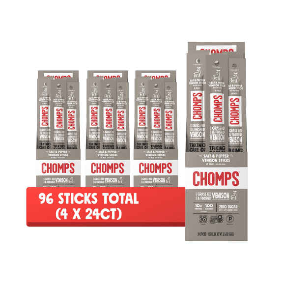 (96 pack) Chomps Grass-Fed and Finished Sea Salt & Pepper Venison Jerky Meat Snack, 1.15oz Stick