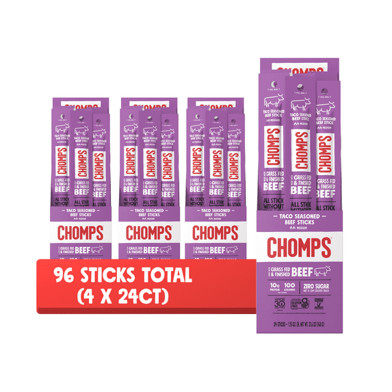 (96 pack) Chomps Grass-Fed & Finished Taco Beef Stick, 1.15oz