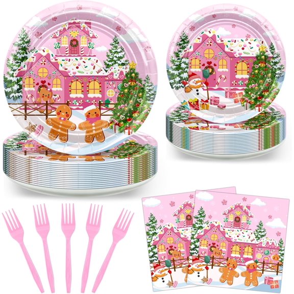 96 pcs Gingerbread Party Decorations Pink Christmas Party Decorations Gingerbread House Paper Plates and Napkins Disposable Tableware Set Serves 24