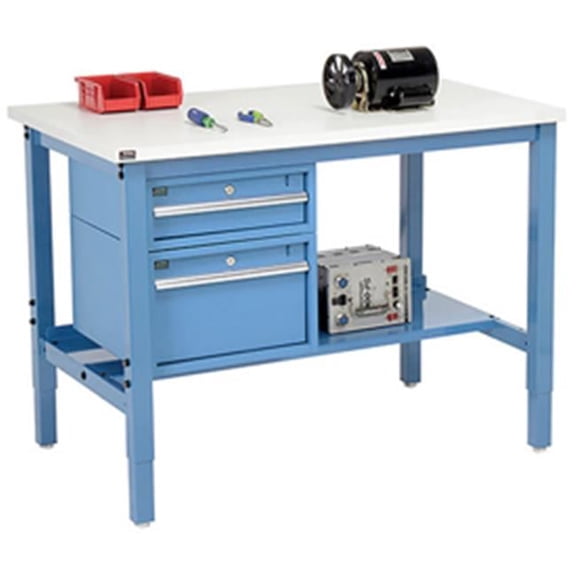 96 x 30 in. Production Workbench - ESD Laminate Square Edge with Drawers & Shelf, Blue