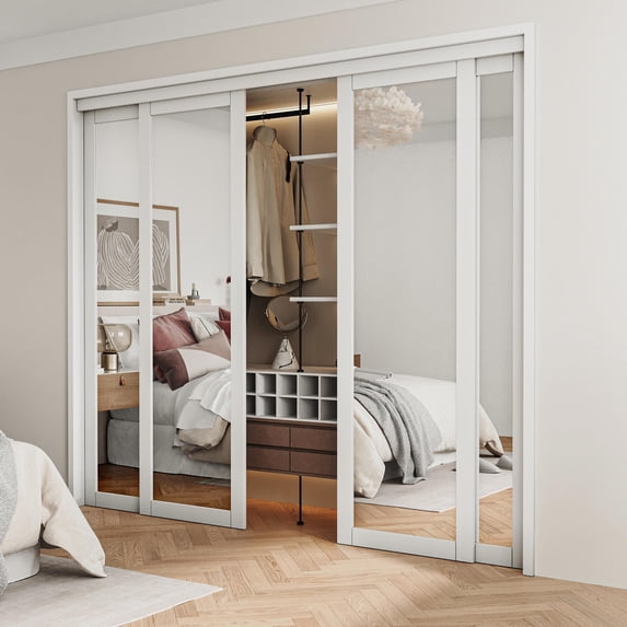 96" x 80" 1 Lite Mirrored Glass Double Sliding Closet Door with Hardware Kit