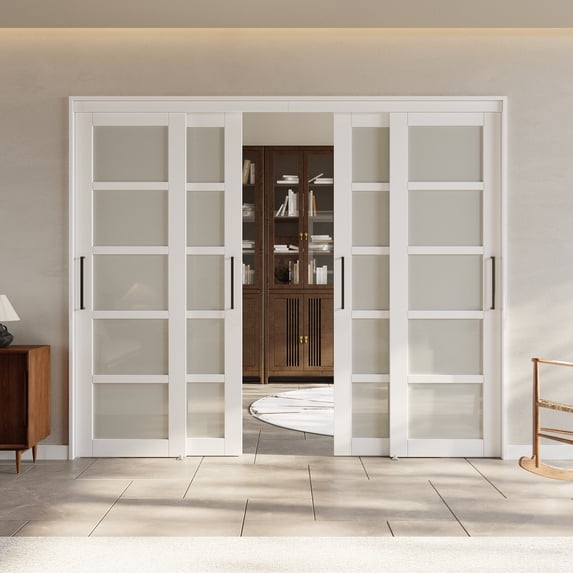 96" x 80" 5-Lite Frosted Glass Room Divider Sliding Closet Doors with Hardware & Handles