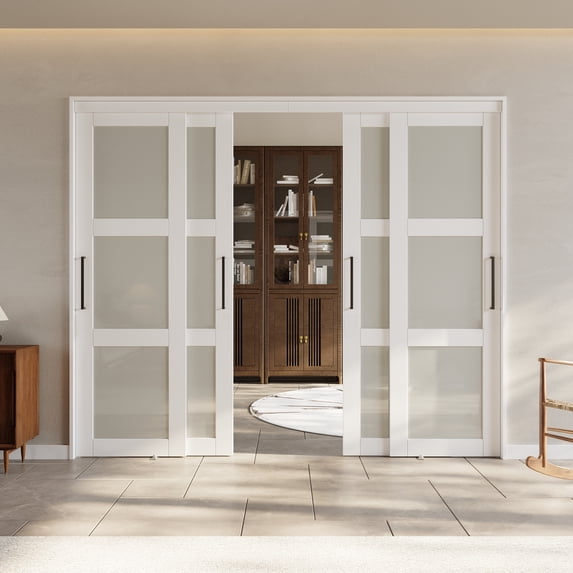 96" x 80" Assembled White Prefinished 3-Lite Tempered Frosted Glass Sliding Door Room Divider with Hardware & Handles