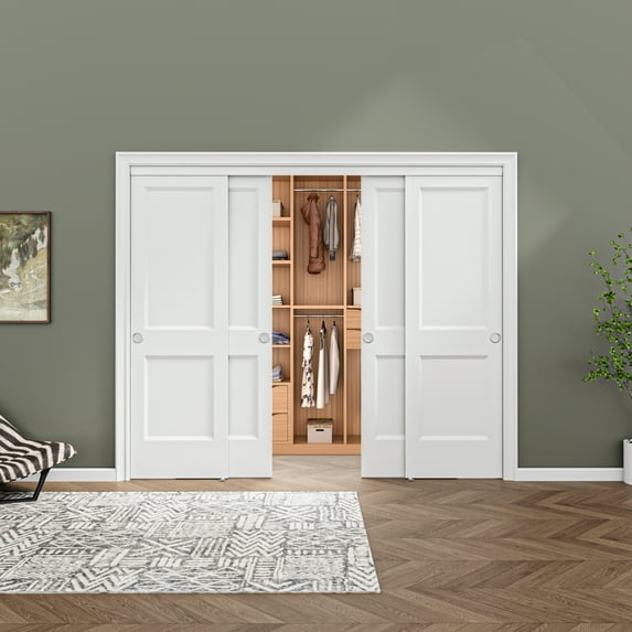 96'' x 80'' Bypass Sliding Closet Door, 2 Panel Solid Core & White Wood Texture Frame, Pre-assembled Door Panels for Easy Installation
