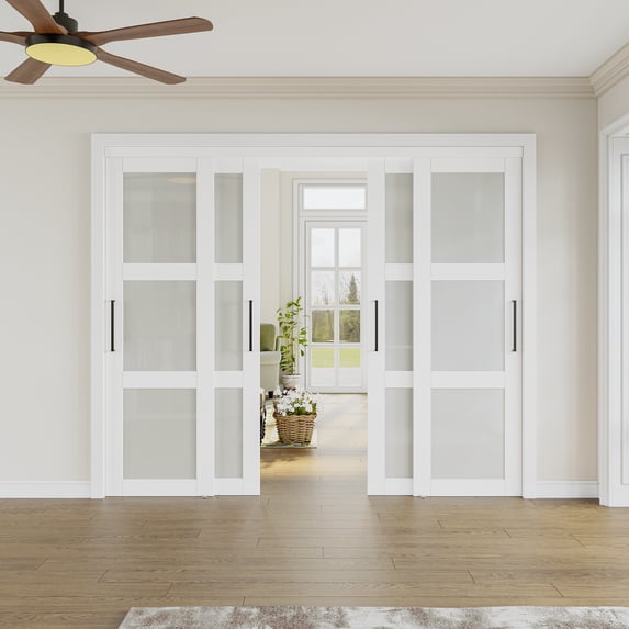 96" x 80" Frosted Glass Sliding Door - 3-Lite Room Divider, Suitable For Closet / Bedrooms | Tempered Safety Glass, Easy To Install (Hardware Included)