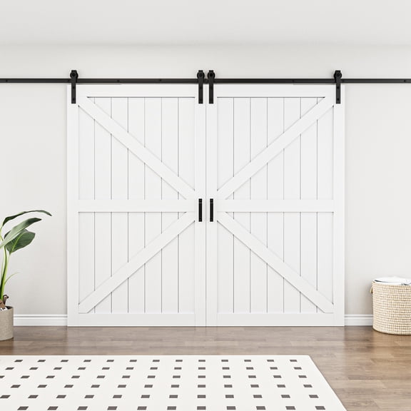 96'' x 84'' Modern K Shape Primed Sliding Barn Door with Installation Hardware Kit (Double Door & Soft Close Optional)