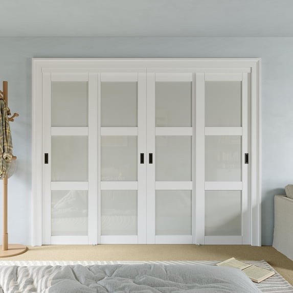 96'' x 96'' Bypass Sliding Closet Door, 3 Panel Tempered Frosted Glass & White Smooth Paintable Frame, Pre-assembled Door Panels with Black Handles