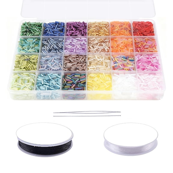 9600 Pcs Tube Beads Kit, 24 Colors Glass Bugle Seed Beads for DIY Jewelry Making Supplies, Small Craft Beads, with 32.8 yd String and Tool Set