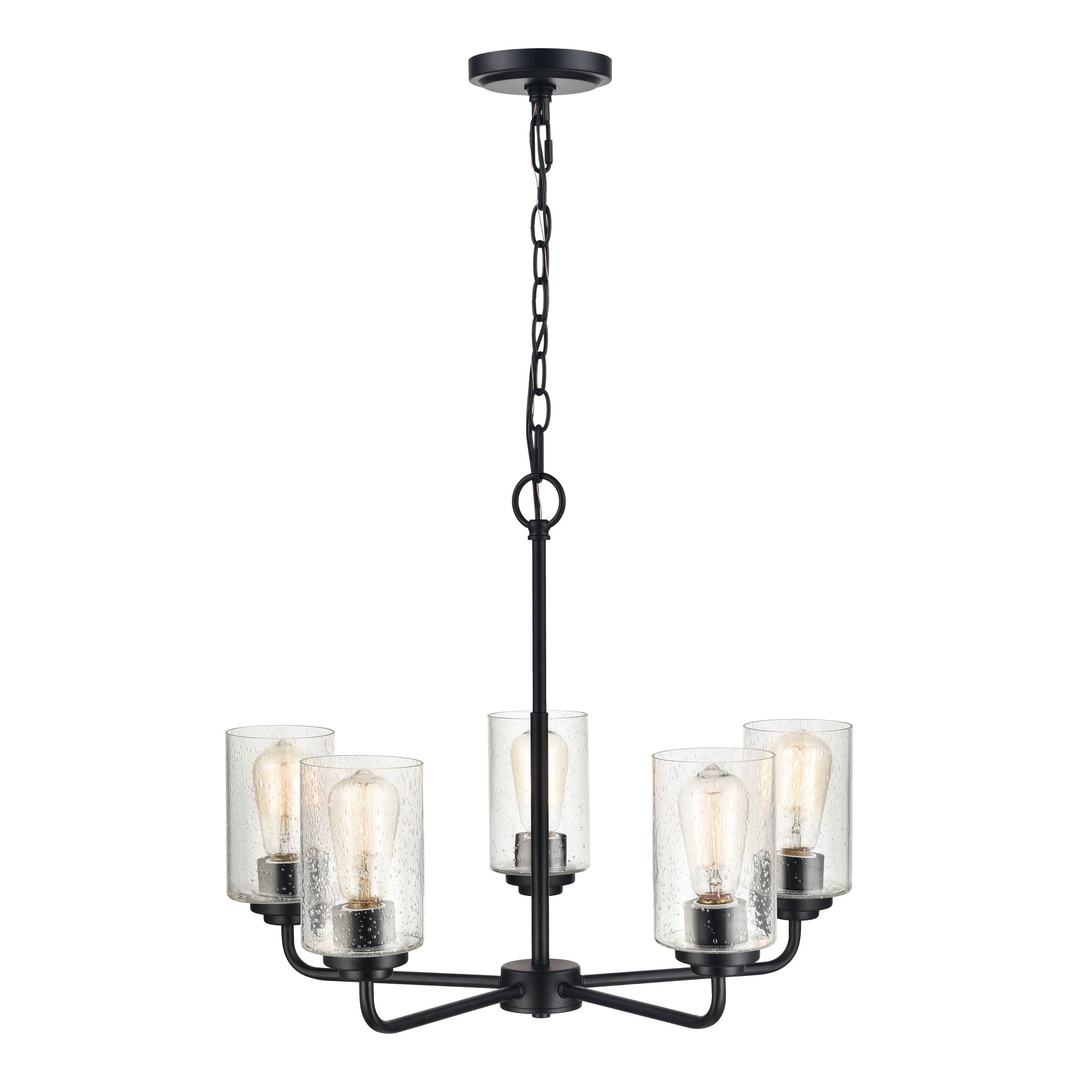 Elegant Moven Matte Black 5-Light Chandelier with Seeded Glass