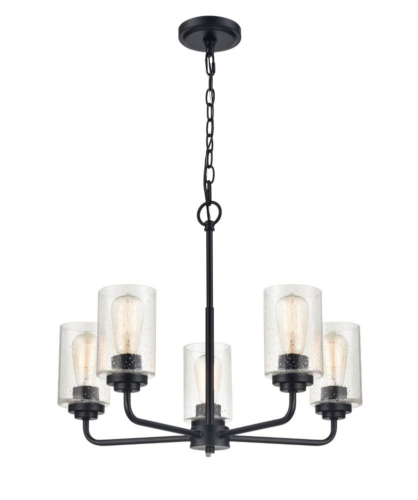 Elegant Moven Matte Black 5-Light Chandelier with Seeded Glass