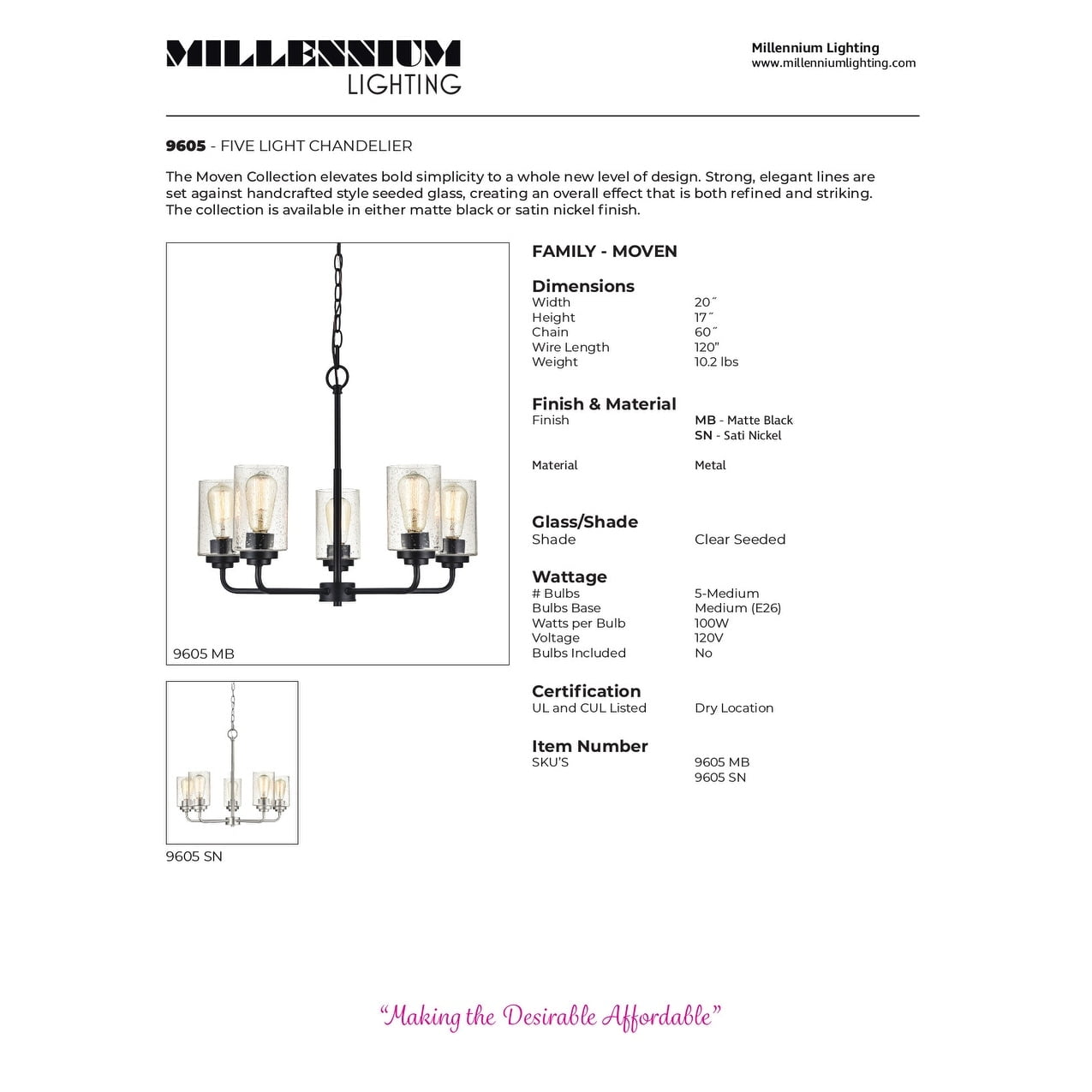 Satin Nickel 5-Light Chandelier with Seeded Glass Shades