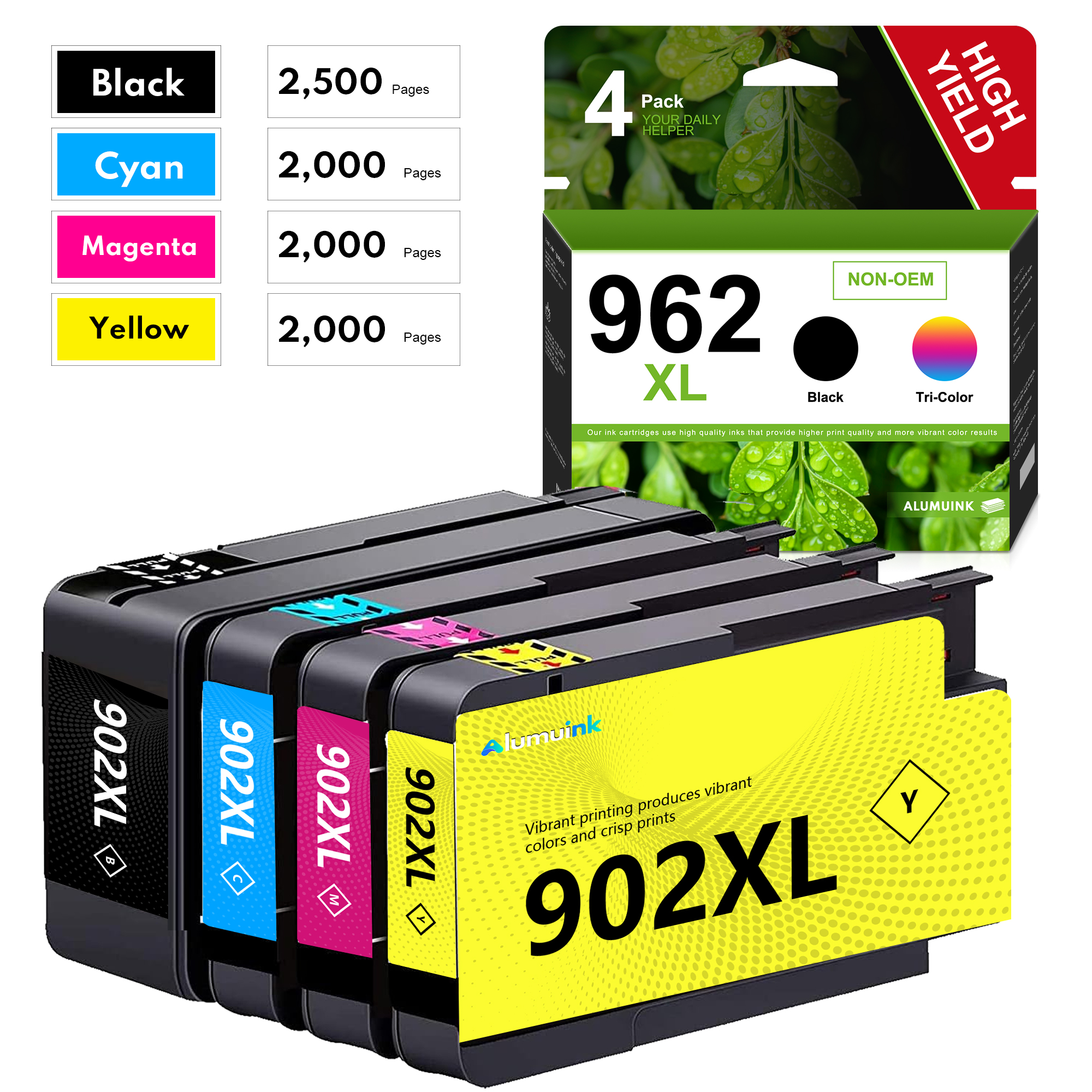 962XL Ink Cartridge 4 Pack 1B/ 1C/ 1M/1Y Replacement for HP OfficeJet