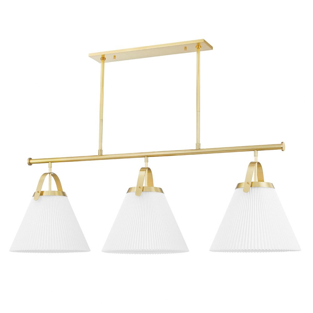 Elegant Aged Brass 3-Light Linear Pendant with Belgian Linen Shades