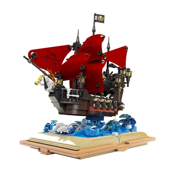 966Pcs Pirate Ship Building Blocks Set with Book Base, Red Sail Model Kit with Wave Components, Creative Handmade Gift, Birthday Gift for Teens