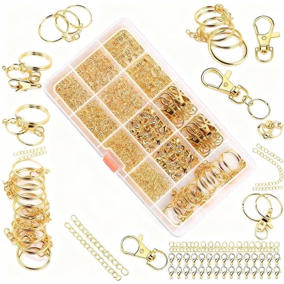 968PCS Keychain Making Kit, Sturdy Key Chain Rings, Clips, and Hooks for Crafting Keys and Jewelry, Gold