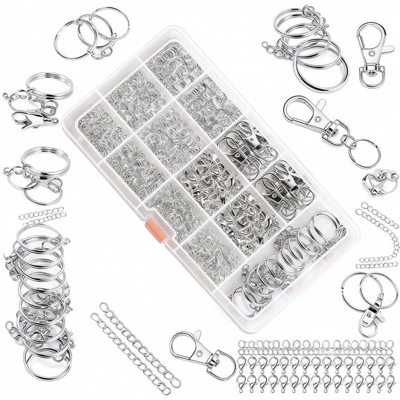 968PCS Keychain Making Kit, Sturdy Key Chain Rings, Clips, and Hooks for Crafting Keys and Jewelry, Silver