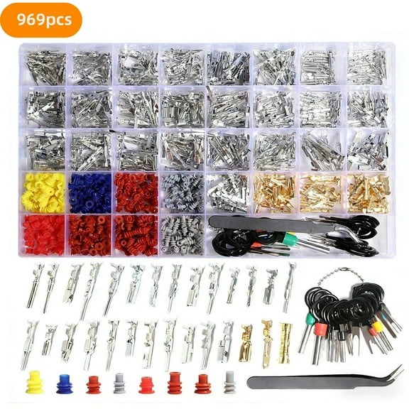 969PCS Pin Connector Kit, Car Electrical Wire Connectors Terminal Pins, 28Type 1/1.5/1.8/2.2/2.8/3.5mm Male & Female Wire Terminal Removal Tool, Non Insulated Crimp Pins for Motorcycle ATV