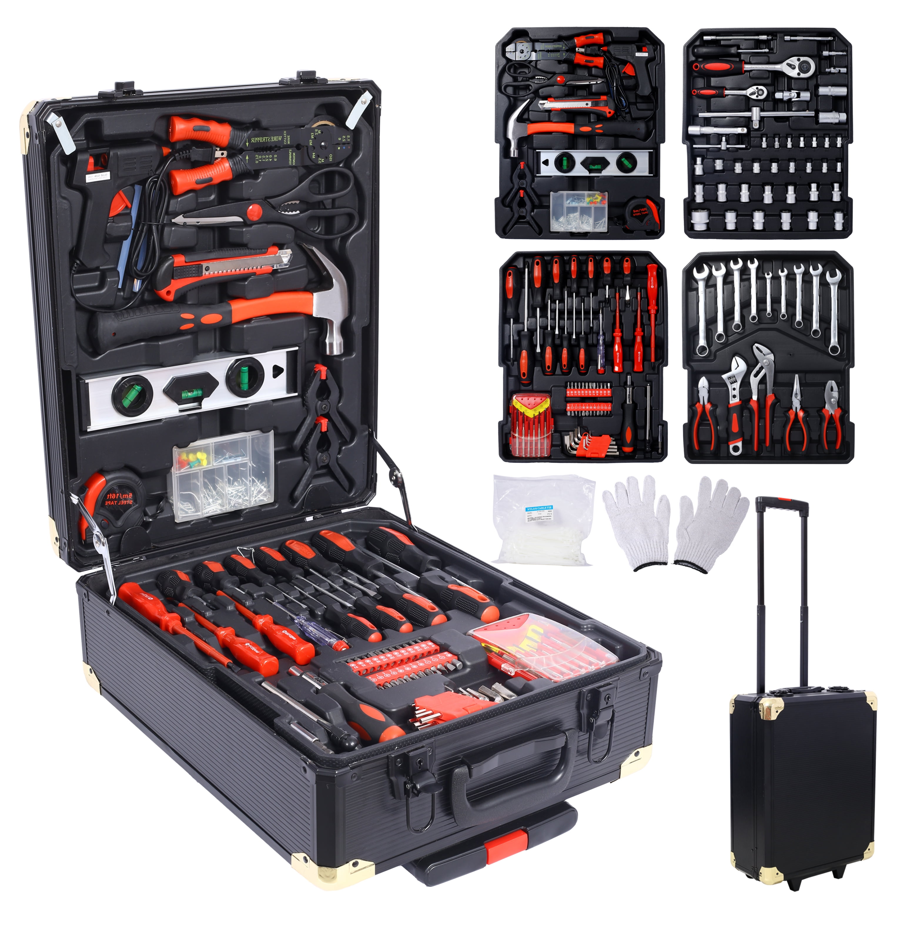 969pcs Home Repair Tool Set Kit for Men, Toolbox Storage Case with 4 Drawers, General Household Tool Kit with Rolling Tool Box, Tool Set Kit for Maintenance, Garden, Homeowner, Handyman -Black