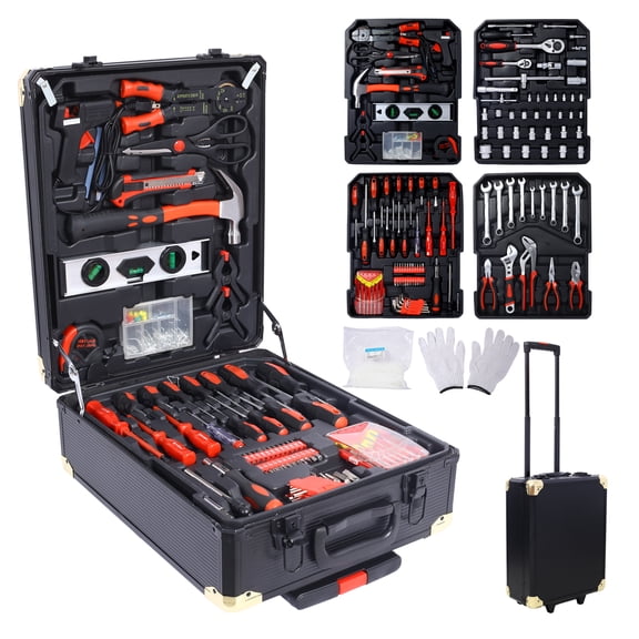 969pcs Home Repair Tool Set Kit for Men, Toolbox Storage Case with 4 Drawers, General Household Tool Kit with Rolling Tool Box, Tool Set Kit for Maintenance, Garden, Homeowner, Handyman -Black