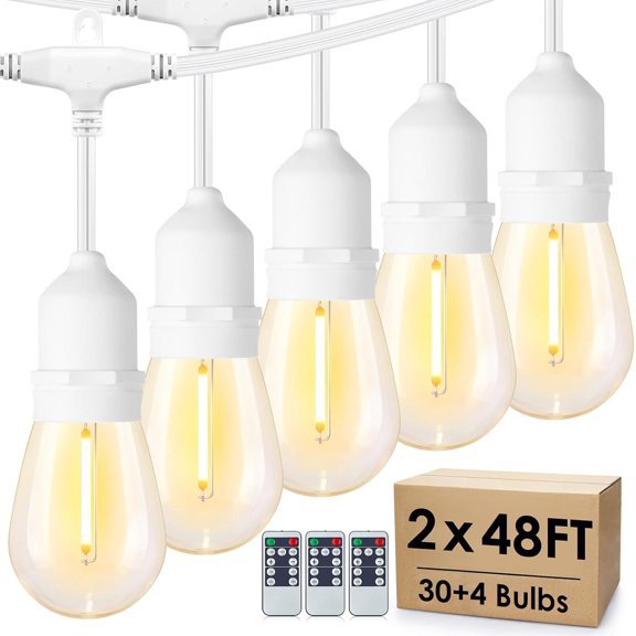 96FT(2 * 48FT) Outdoor String Lights with Remote, Dimmable Patio Lights with 30+4 3 Modes 4 Timers LED Bulbs for Deck Gazebo, White 2 Pack