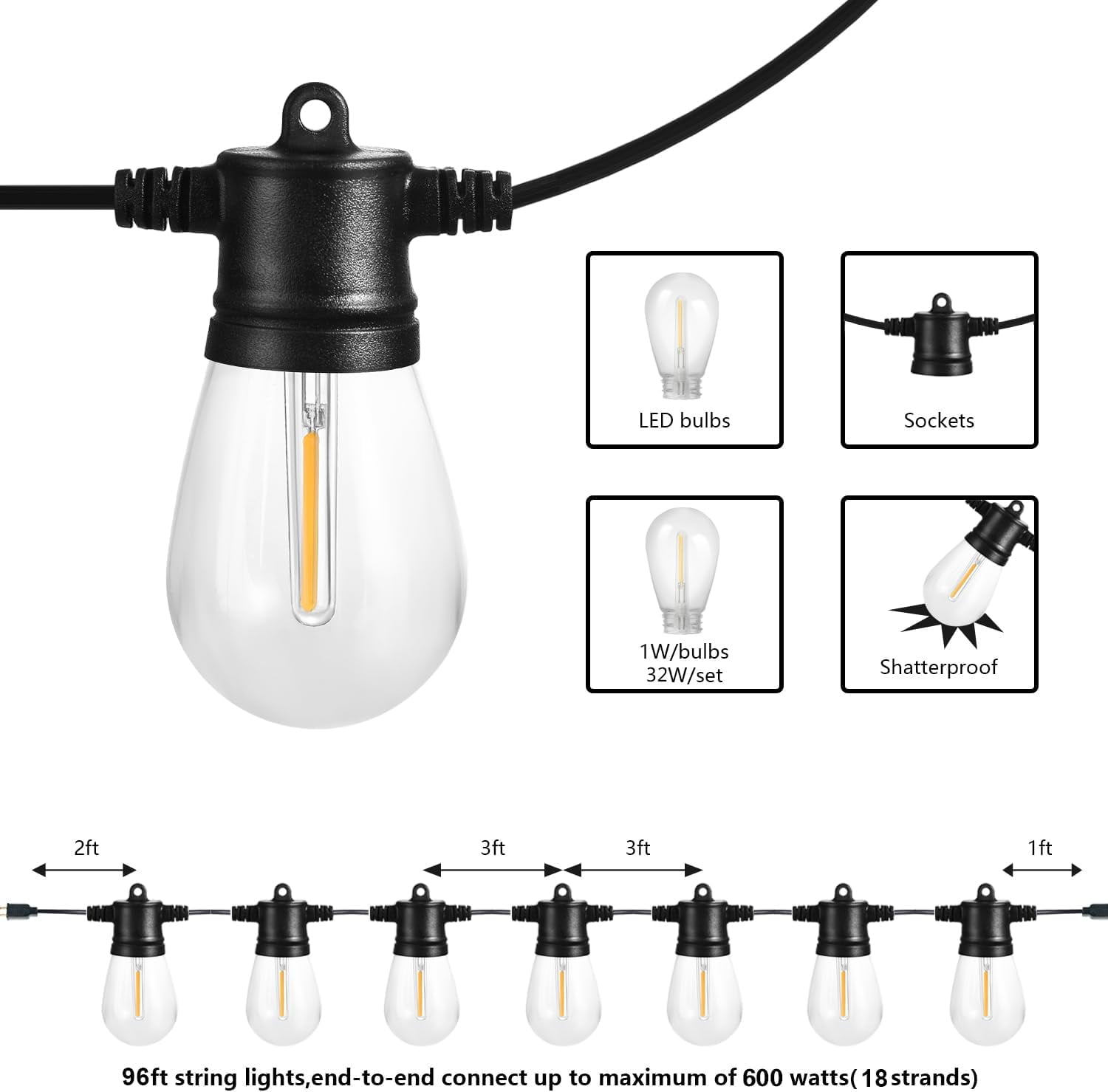 96FT Outdoor String Lights with 32 LED Shatterproof Bulbs for , Garden, Deck, Backyard