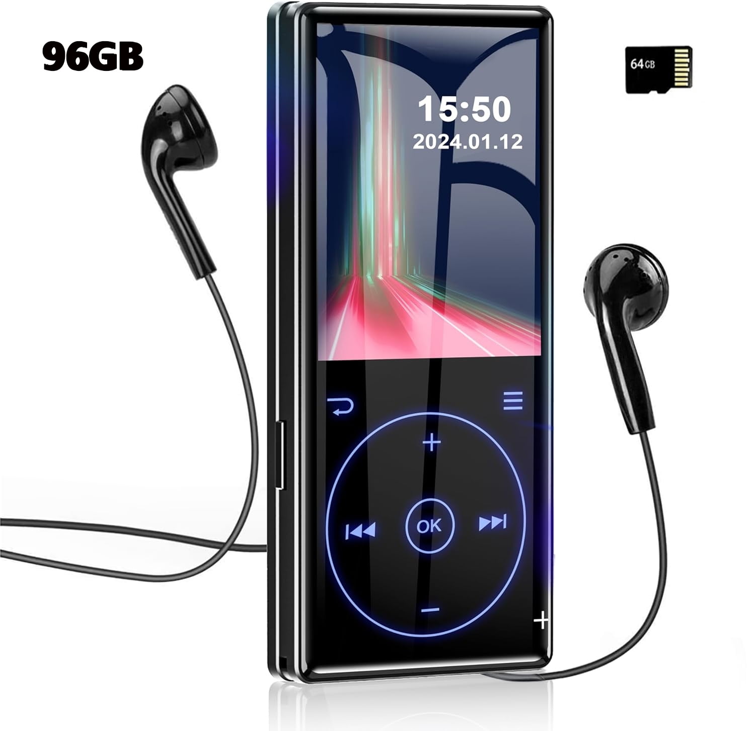 MUSICOZY 96GB MP3 Player with Bluetooth 5.0: Portable Lossless Sound Music Player with HD Speaker,2.4" Screen Voice Recorder,FM Radio,Touch Buttons,32G Storage+Support up to 64GB for Running,Walking