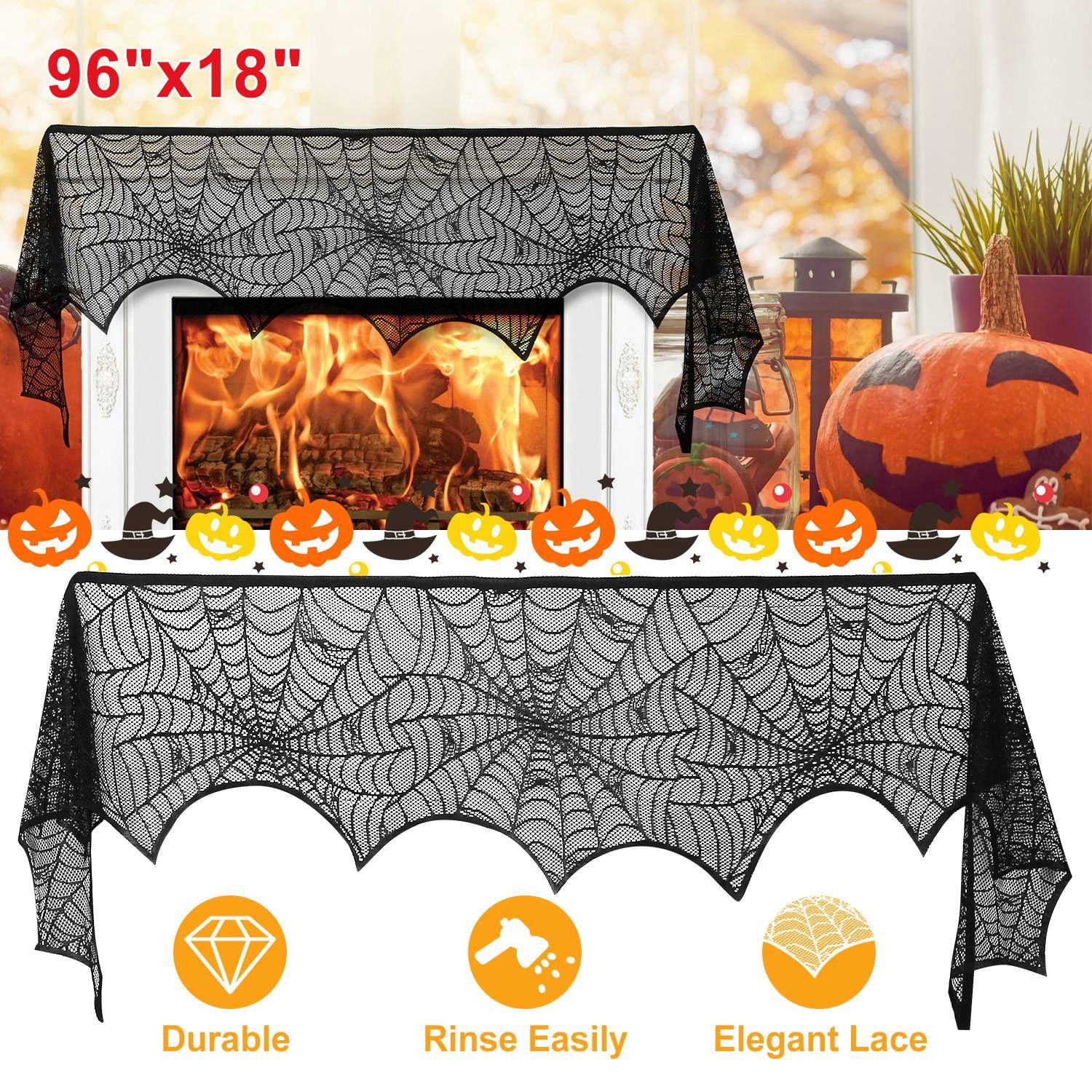 96IN Halloween Black Lace Spider Web Mantle Scarf Decoration with Bats for Fireplace Mantel Doorway Window