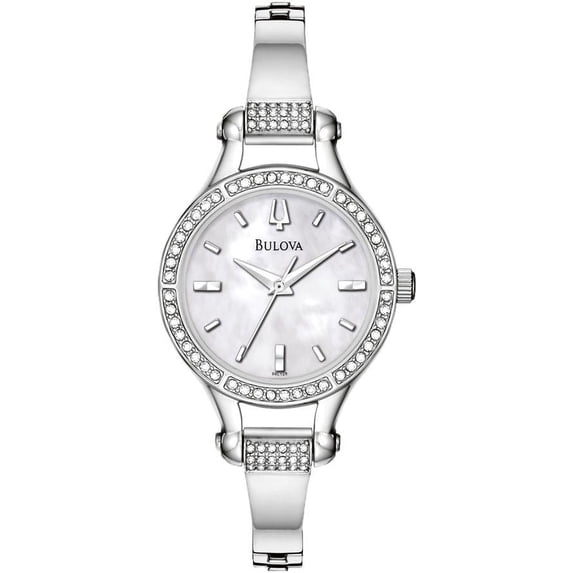 96L128 Women's Crystal White MOP Dial Stainless Steel Bangle Bracelet Watch