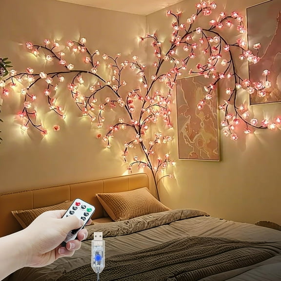 96LED Cherry Blossom Willow Vine Light String 70 "USB Eight Function with Remote Control | Bedroom, Wall, Door and Window Interior Decoration Pink Flower Pendant Christmas/Wedding/Festival Decoration