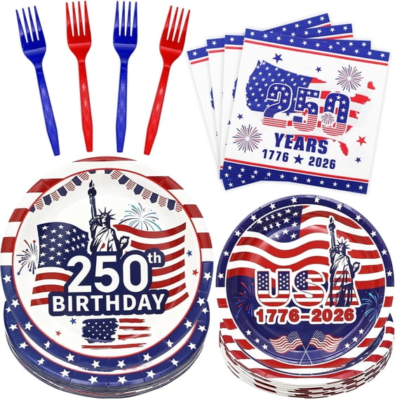 96PCS 4th of July Tableware Set for 24 Guests, USA 250th Patriotic Paper Plates and Napkins with Red Blue Forks, Disposable Party Supplies for BBQ Picnic