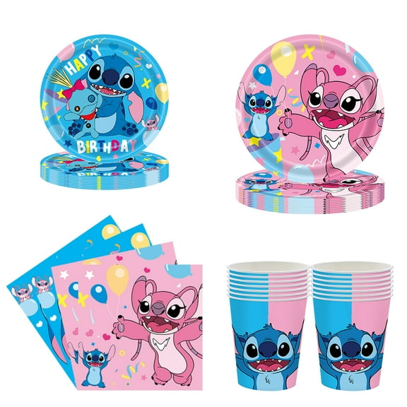 96PCS Aloha Cartoon Theme Birthday Party Decorations Tableware Paper Plates Napkins Cups Blue Pink Hawaiian Party Supplies Disposable Dinnerware Set Serve 24 Guests