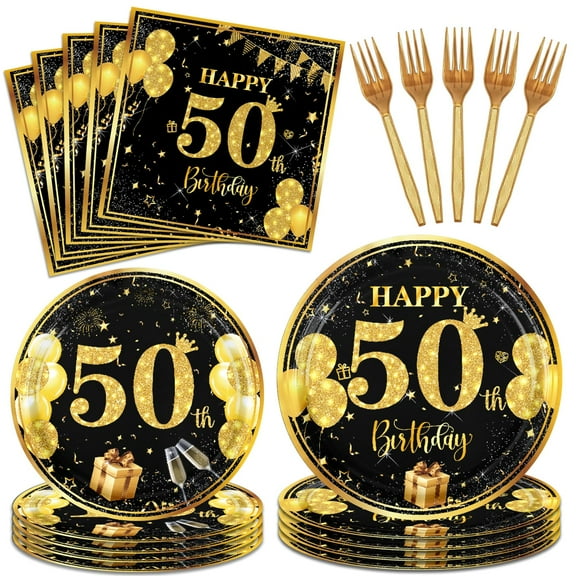 96PCS Birthday Decorations for Men AFN1Women Happy Birthday Party Tableware Set Vintage Black Gold Back in 1975 50 Year Old Birthday Decorations Disposable Plates Napkins Forks Dinnerware Favors