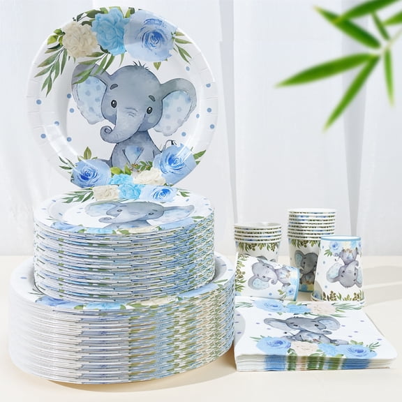 96PCS Elephant Baby Shower Party Tableware Set, Blue Floral Elephant Theme Disposable Dinnerware Supplies with Plates, Cups and Napkins for Baby Shower Celebration
