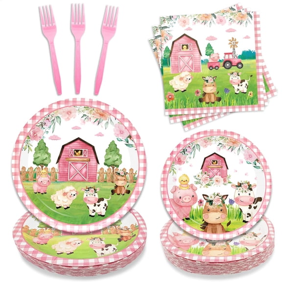 96PCS Farm Animals Party Supplies Tableware Set Farm Birthday Party Barn Animal Theme Party Cute Pink Animal Baby Shower Dessert Plate Dinner Plate Paper Napkins Forks Dinnerware for 24 Guests Y114