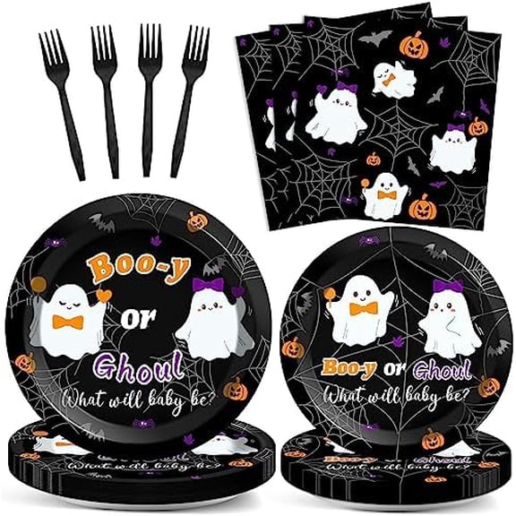 96PCS Halloween Gender Reveal Party Decorations Booy or Ghoul Ghost Tableware Set Supplies for 24 Guests Halloween Gender Reveal Plates Napkins Forks for Boys or Girls Baby Shower Party Favors