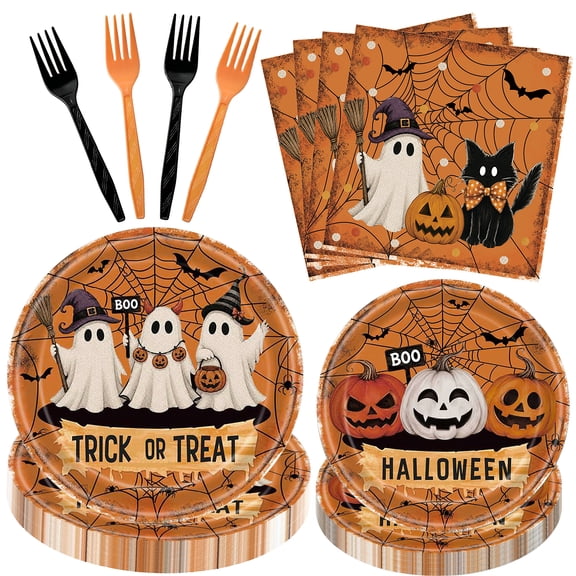 96PCS Halloween Paper Plates and Napkins Set, Serves 24 Guests- Vintage Ghost Pumpkin Disposable Dinnerware Set, Orange & Black Plastic Forks, Trick or Treat Boo Halloween Party Supplies