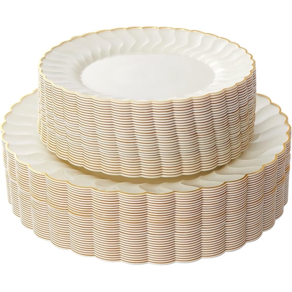 96PCS Ivory Scalloped Plastic Plates with Gold Rim, Disposable Elegant Plates Include 48pcs Dinner Plate 10.25", 48pcs Dessert Plate 7.5", Perfect for Daily Use, Wedding and Party