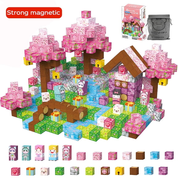 NCOSMOS 96PCS Magnetic Blocks Set, Safe Harmless, Magnet Building Cubes for Kids Ages 3+, STEM Sensory Toy Birthday Gifts(Cherry Blossom Spring)